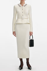 Cream Wool Peplum Knit Midi Dress