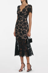 Floral Lace Hollow Midi Dress in Black