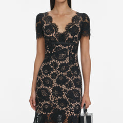 Floral Lace Hollow Midi Dress in Black