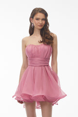 Rose Pink Off Shoulder Ruched Mini Dress with Ribbon