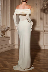 Off Shoulder Ruched Maxi Dress In Beige