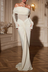 Off Shoulder Ruched Maxi Dress In Beige
