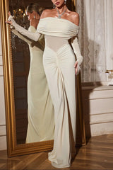 Off Shoulder Ruched Maxi Dress In Beige
