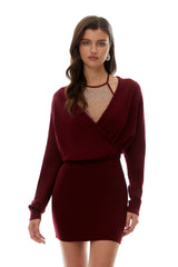 Rhinestone Embellished Bodycon Jersey Mini Dress in Red