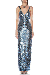 Deep V-Neck Sequin Column Gown in Blue