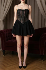 Black Corset Lace Flare Mini Dress