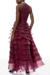 Red 3D Ruffled Rhinestone Embellished Maxi Dress