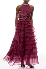Red 3D Ruffled Rhinestone Embellished Maxi Dress