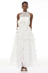 White 3D Ruffled Rhinestone Embellished Maxi Dress