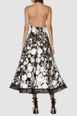 Black Halter Floral Embroidered Midi Dress