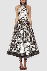 Black Halter Floral Embroidered Midi Dress