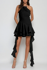 Halter Neck Mesh Ruffle Fringe Mini Dress In Black