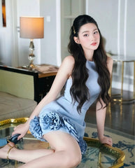 3D Flower Mini Dress In Blue