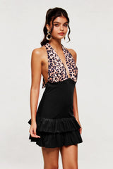 Plunge Ruffle Mini Dress In Black