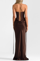 Corset Satin Maxi Dress - Brown