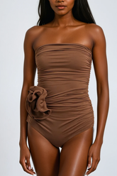 Ruched Flower One Piece Swimsuit In Mocha Mousse