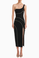 Diamante One Shoulder Split Midi Bandage Dress