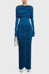 Navy Form-Fitting Maxi Dress with Asymmetrical Shoulder