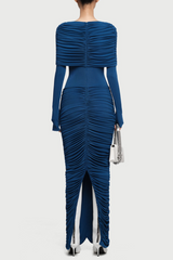 Navy Form-Fitting Maxi Dress with Asymmetrical Shoulder
