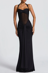 Halter Ruched Maxi Dress - Black