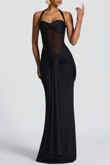Halter Ruched Maxi Dress - Black