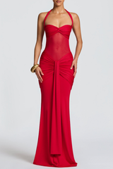 Halter Ruched Maxi Dress - Red