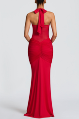 Halter Ruched Maxi Dress - Red