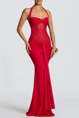 Halter Ruched Maxi Dress - Red