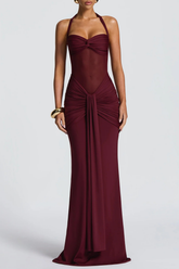 Halter Ruched Maxi Dress - Wine