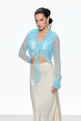 Ruffle Plunge Lace Up Top in Blue