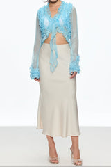 Ruffle Plunge Lace Up Top in Blue