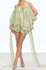 Ruffle Lace Up Fringe Mini Dress in Green