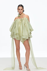 Ruffle Lace Up Fringe Mini Dress in Green