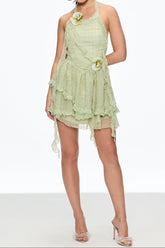 Flower Fringe Mini Dress in Green