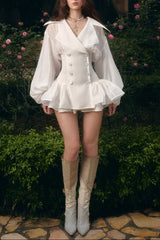 Aenobia Large Button Puff Sleeve Mini Dress in White