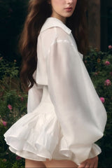 Aenobia Large Button Puff Sleeve Mini Dress in White