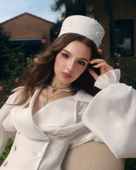 Aenobia Large Button Puff Sleeve Mini Dress in White