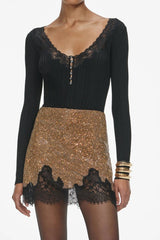 Cosms Crystal Embellished Lace Mini Skirt