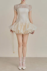 Sequin Lace Puffy Mini Dress in White