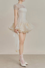 Sequin Lace Puffy Mini Dress in White