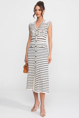 Sleeveless Knit Midi Dress With V-Neck And Gold Buttons - White/Black