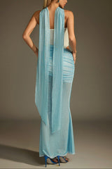 Off-Shoulder Rhinestone Scarf Mesh Maxi Dress