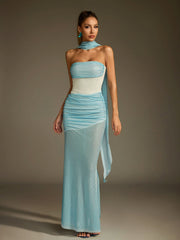 Off-Shoulder Rhinestone Scarf Mesh Maxi Dress