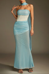 Off-Shoulder Rhinestone Scarf Mesh Maxi Dress