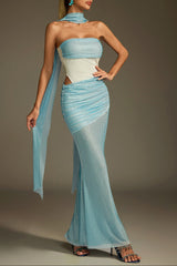 Off-Shoulder Rhinestone Scarf Mesh Maxi Dress