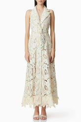 V-Neck Floral Embroidery Hollow Maxi Dress in Beige