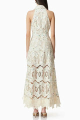 V-Neck Floral Embroidery Hollow Maxi Dress in Beige