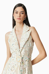 V-Neck Floral Embroidery Hollow Maxi Dress in Beige