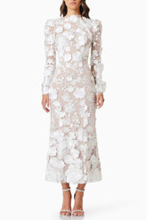 3D Floral Midi Dress In White