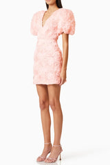 V-Neck Flower Embellished Puff Mini Dress in Ballet Pink